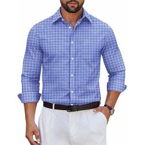 Men’s Long Sleeve Plaid Dress Shirt Cotton Button-Down Wrinkle-Free Business